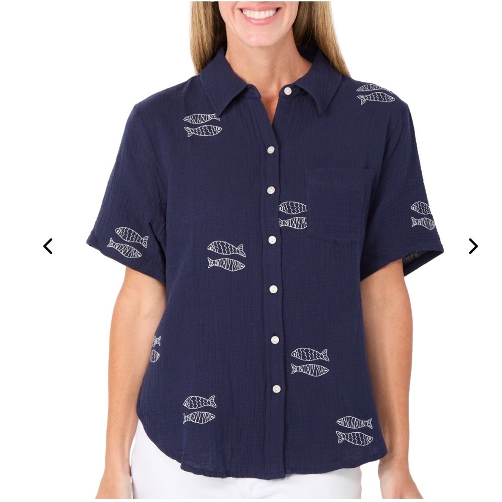 Philosophy Republic Navy Blue Embroidered Fish Gauze Button Down Shirt Large